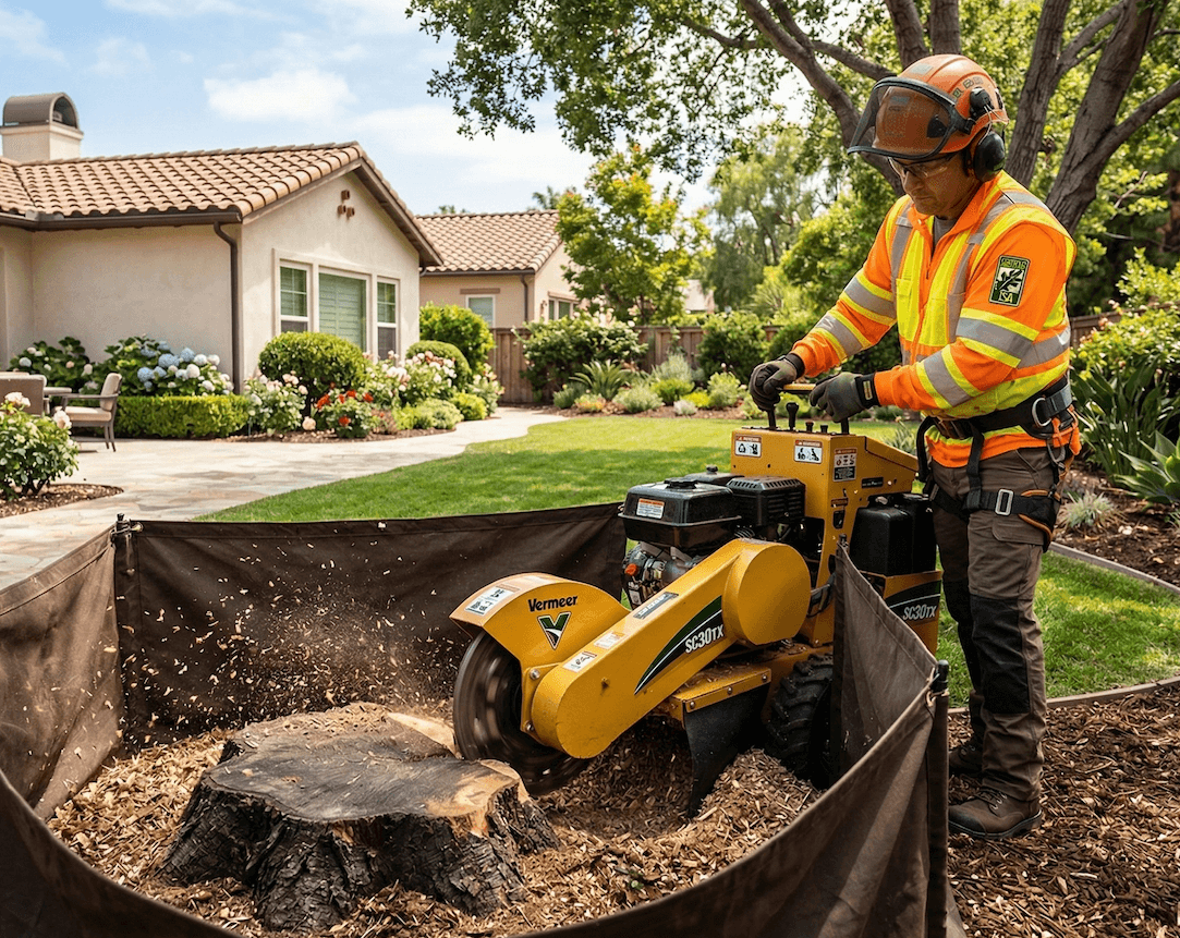 Professional technician using a stump grinder in a residential Orange County backyard