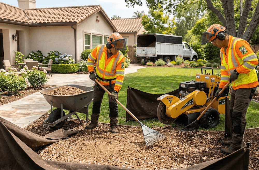 Professional technicians cleaning up after stump removal in a residential Orange County backyard
